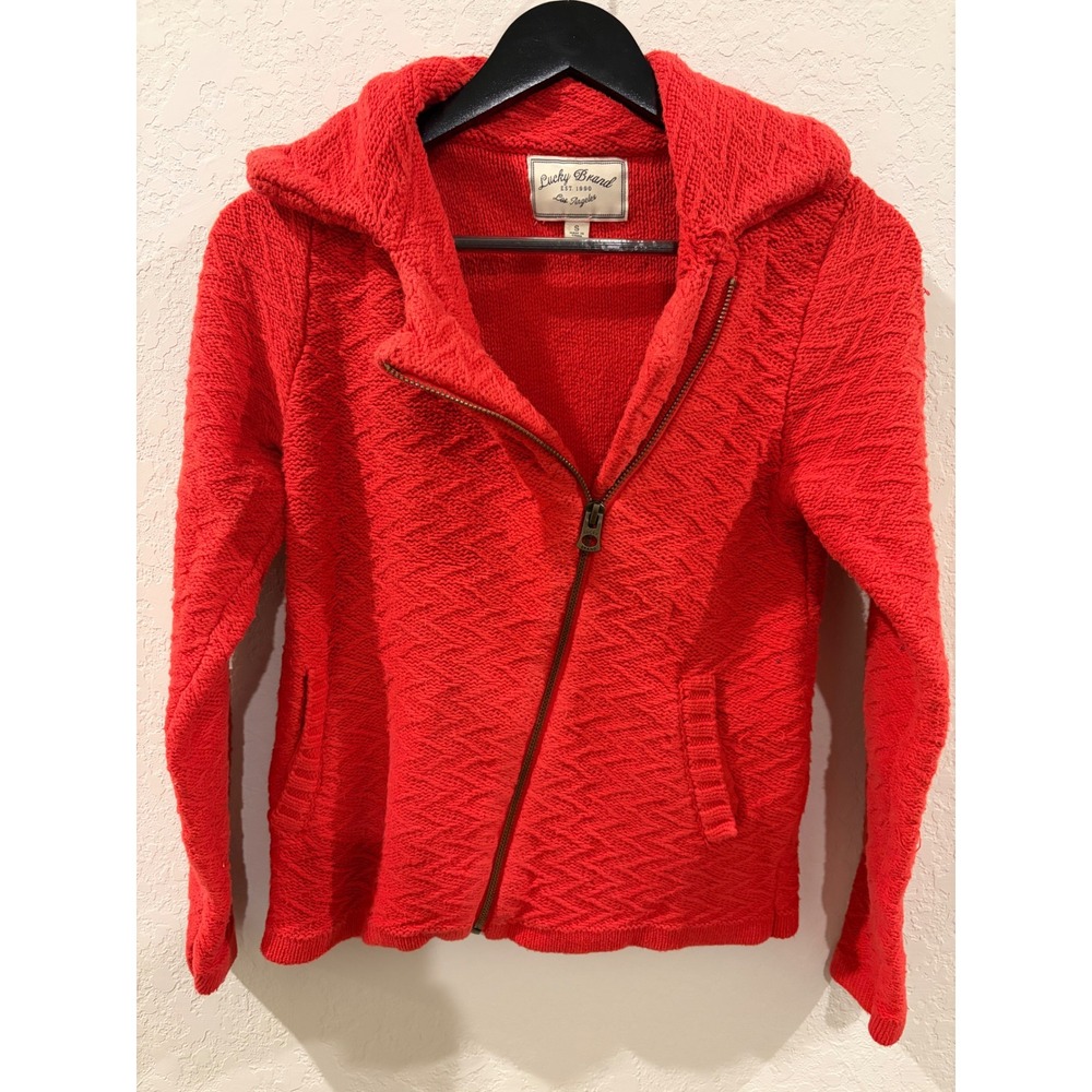 Lucky Brand Red Knit Asymmetrical Zip Moto Jacket Sweater Small